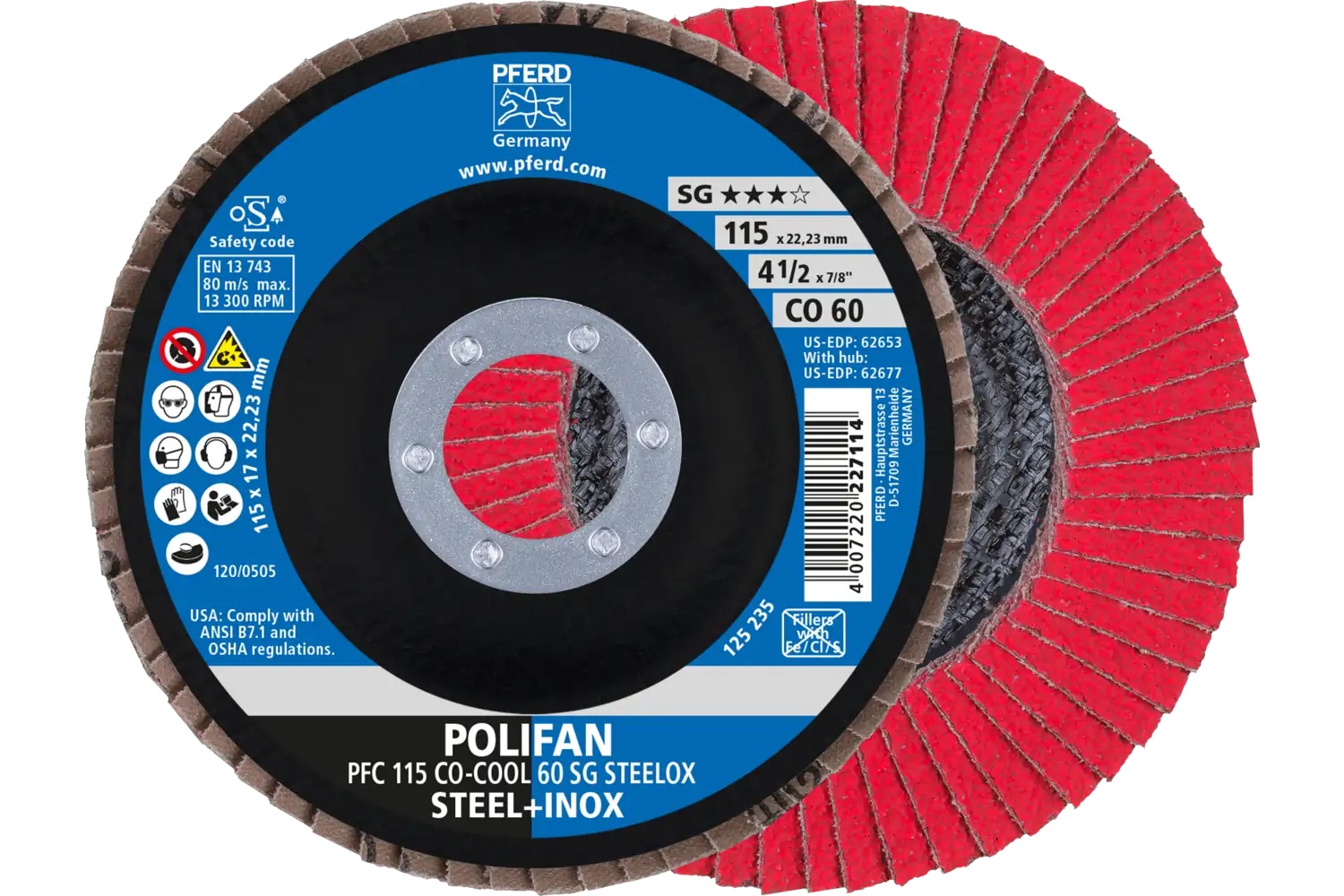 Picture of Pferd Flap Disc, 4-1/2" x 7/8, Co-Cool SG Steelox, 60 Grit, T29, Conical, Ceramic oxide